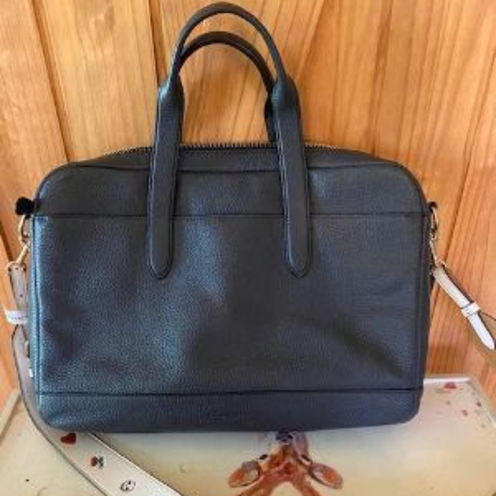 Coach Black Leather Laptop Bag with White Strap Accents